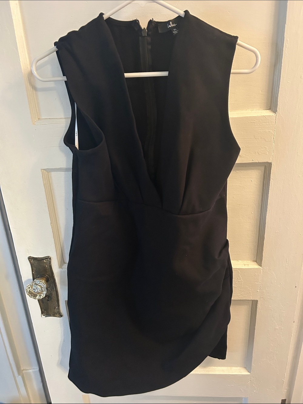 Lulu's Black Sleeveless Surplice Mini Dress with Back Zip